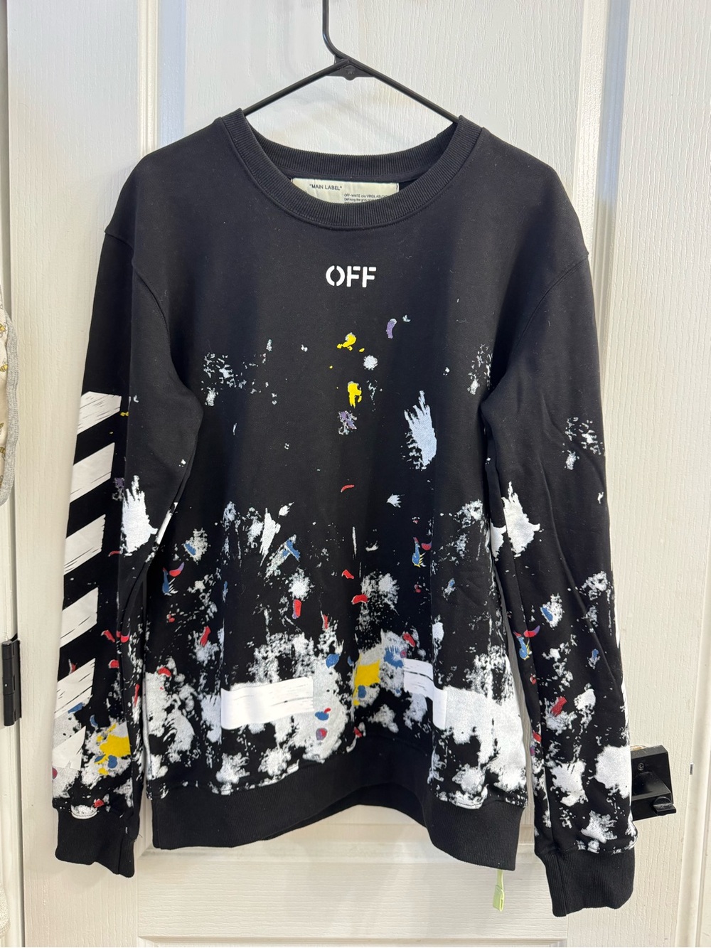 Off-White Black Crewneck with Multi-Color Paint-Splatter
